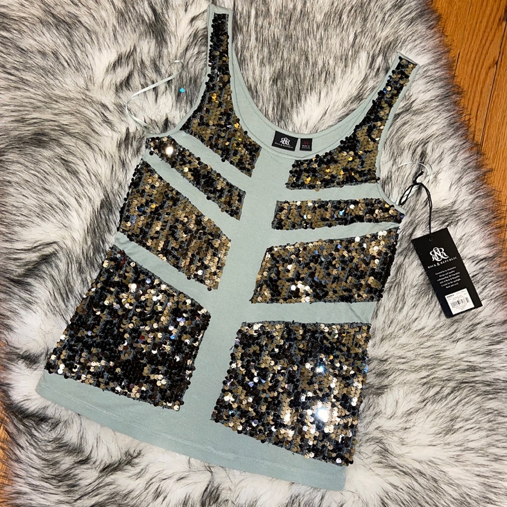NWT Rock & Republic Aqua Gray Sequin Sleeveless Tank, XS
